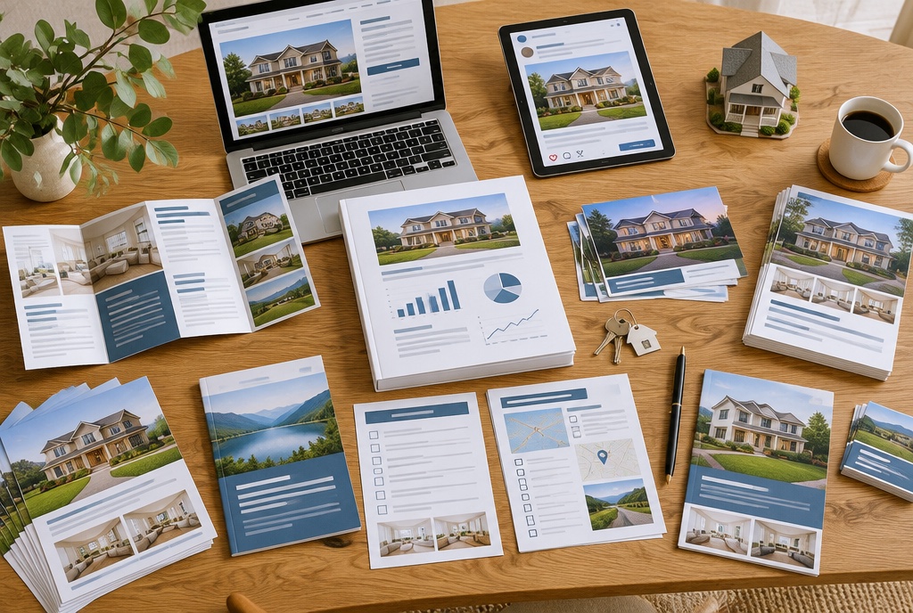 A table covered with printed brochures, flyers, a market report, guides, mailers, a laptop and a tablet showing marketing for a home